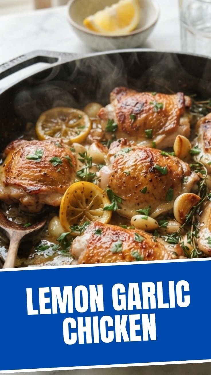 A serving of perfectly roasted lemon garlic chicken, golden-brown and glistening.