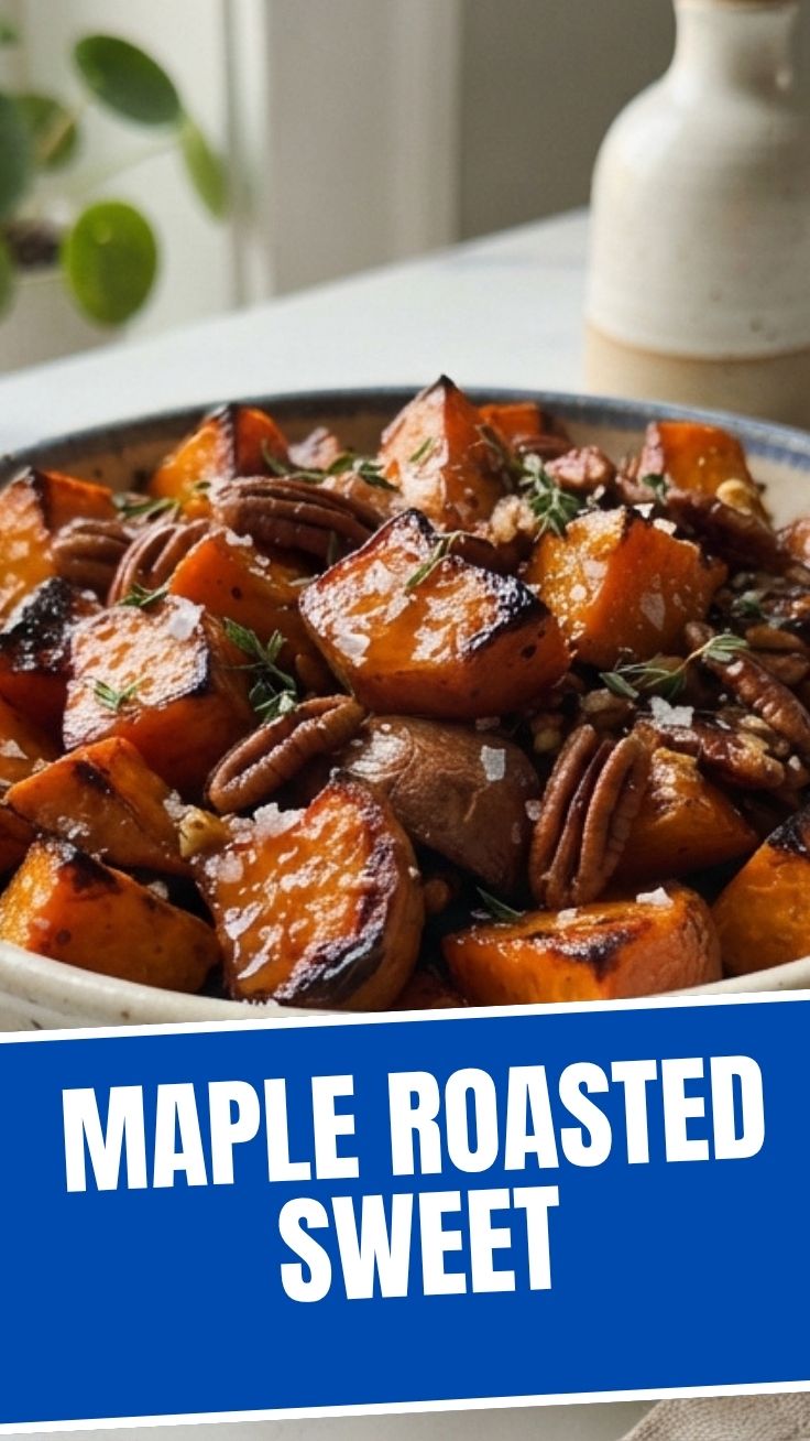 Perfectly roasted sweet potatoes glazed with maple syrup in a bowl.