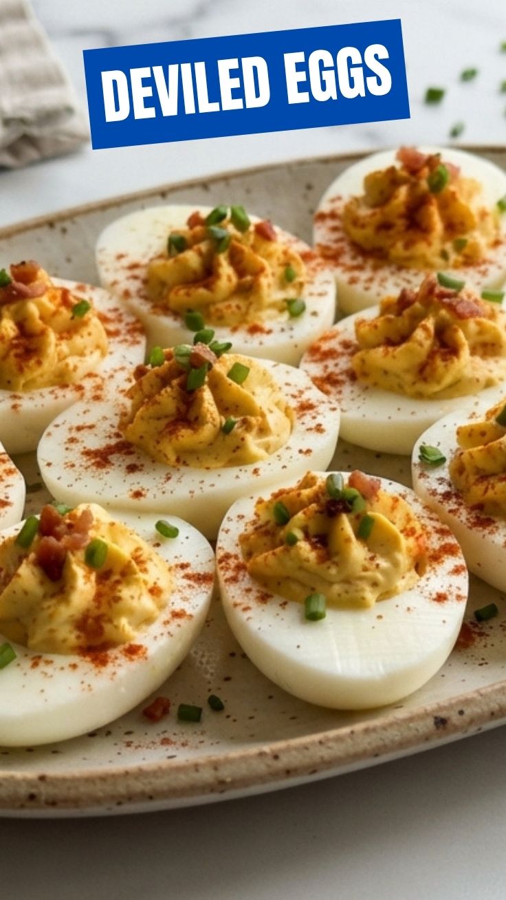 A platter of perfectly prepared deviled eggs with a sprinkle of paprika.