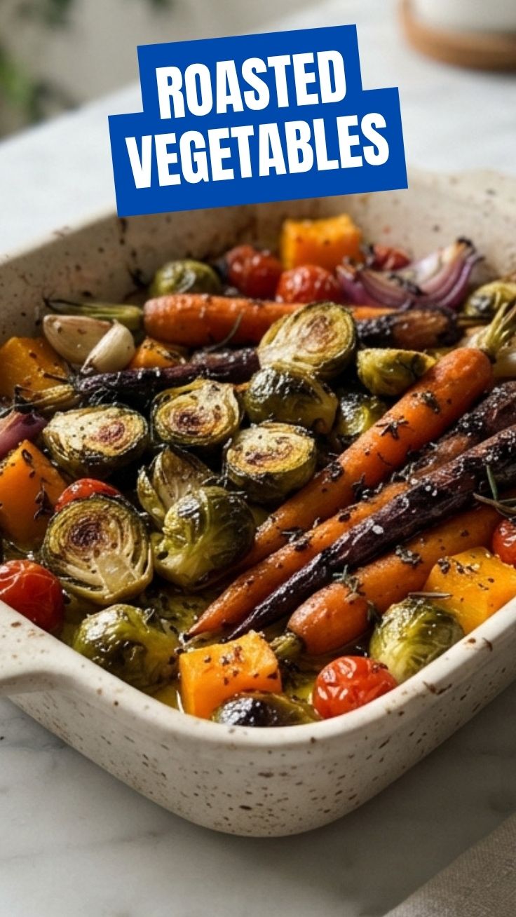 A vibrant medley of roasted vegetables, perfectly caramelized and seasoned.