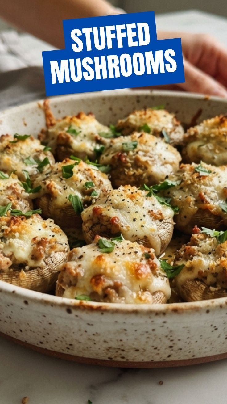 A platter of perfectly baked stuffed mushrooms, golden brown and garnished with fresh herbs.