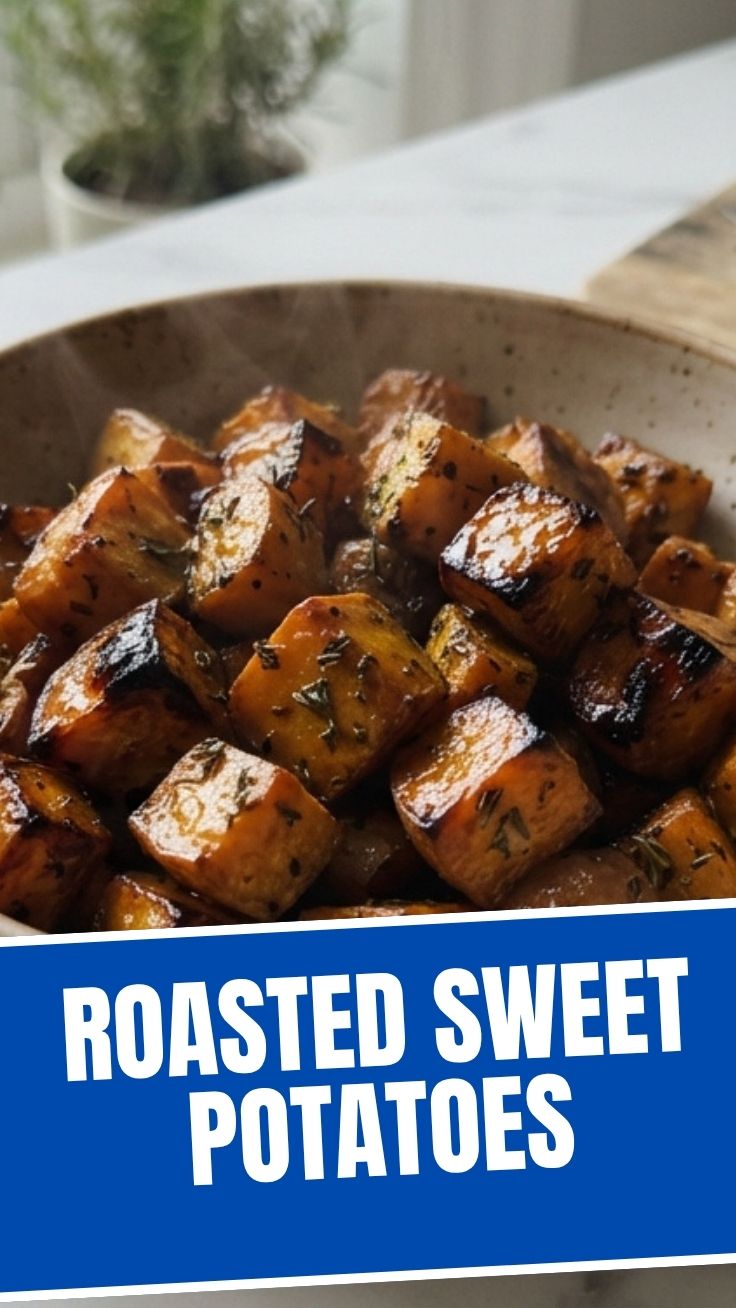 A close-up of perfectly roasted sweet potatoes with caramelized edges.