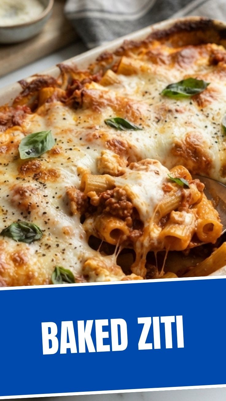 A bubbling dish of savory baked ziti, rich with sauce and cheese