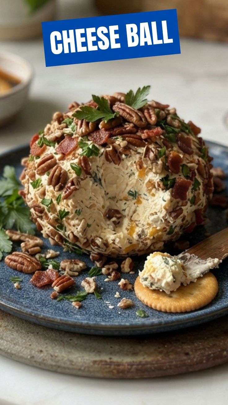 A delicious cheese ball, perfectly shaped for a gathering