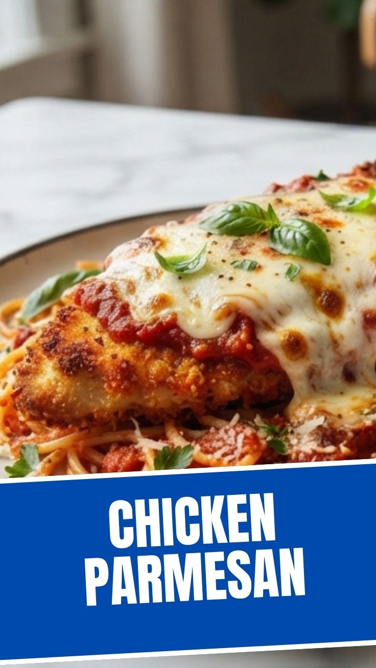 A serving of golden-brown chicken parmesan topped with melted cheese and marinara sauce.