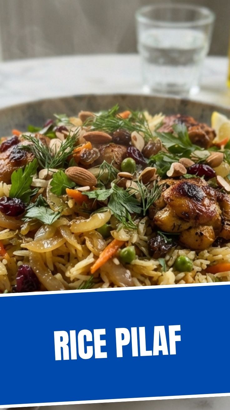 A bowl of savory rice pilaf, garnished with fresh herbs.