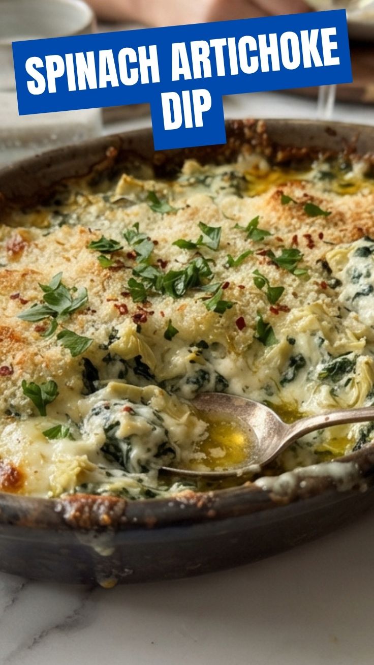 Warm spinach artichoke dip in a rustic bowl with crusty bread for dipping