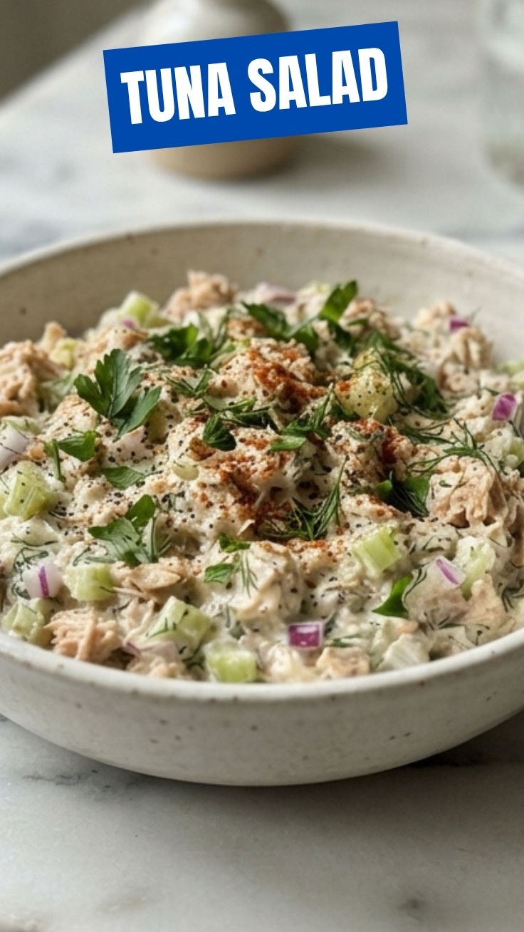 A bowl of fresh tuna salad with celery and mayonnaise